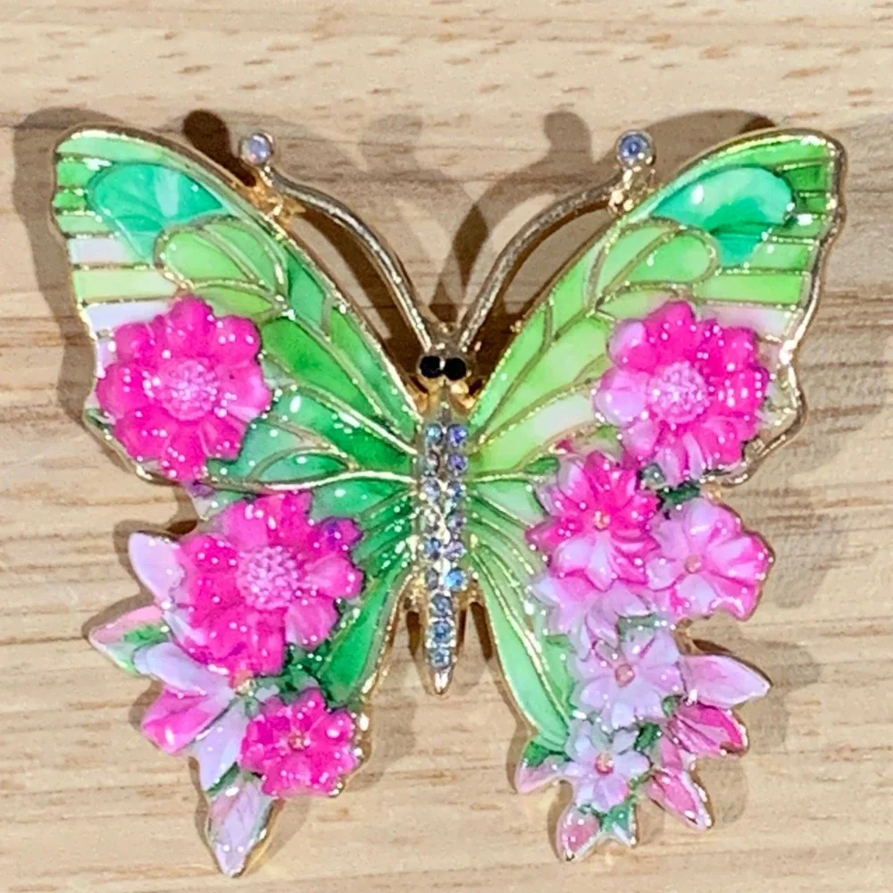 New Fairycore Butterfly Flower Enamel Brooch Pin Green Pink Gold Tone Rhinestone